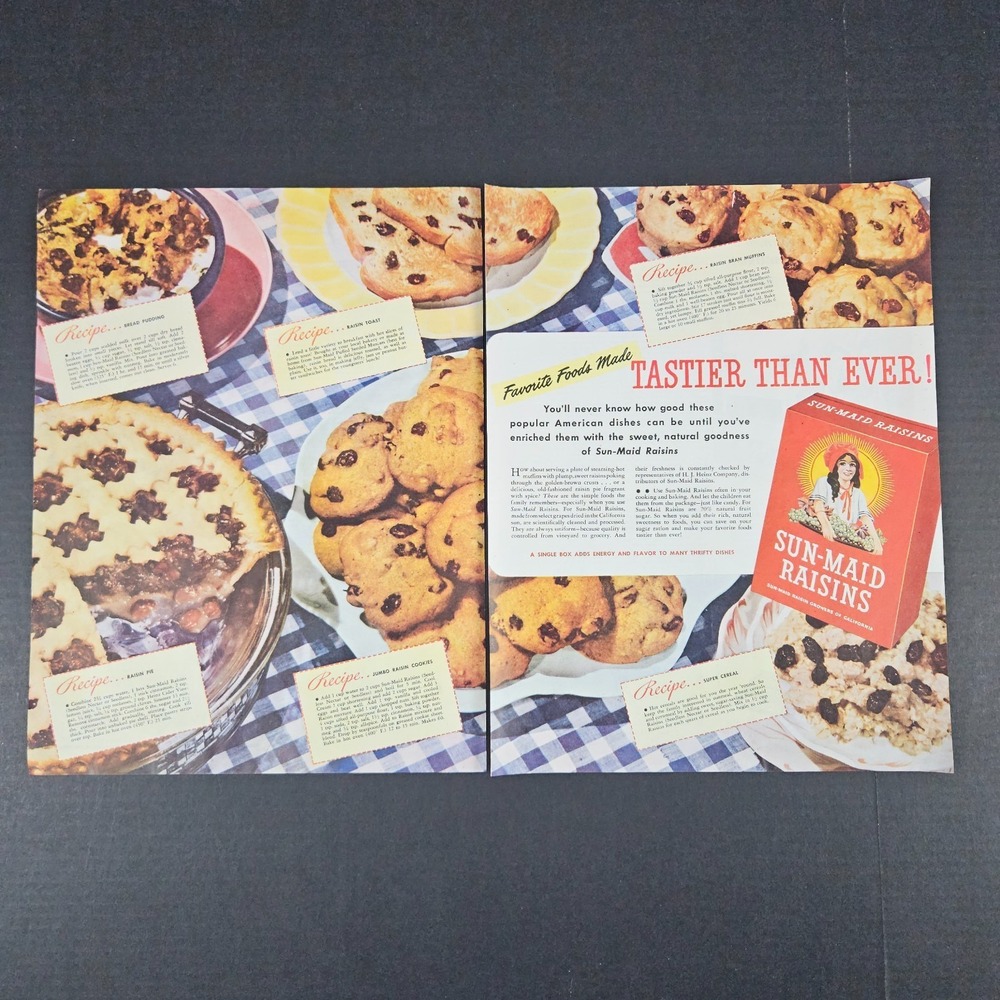 1945 Sun-Maid Raisins Recipes Vintage Print Ad HJ Heinz‎ Cookies Muffins Pudding